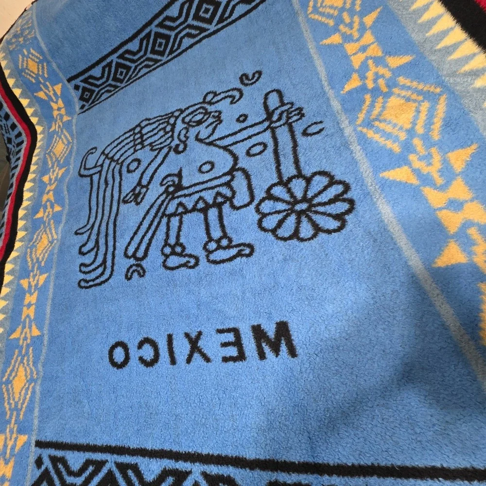 Vintage San Marcos Mexican Cobija Blanket 72x84 Reversible Aztec Mexico Large